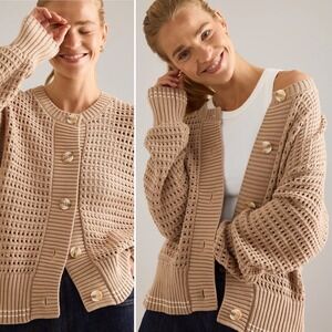 NWT Varley Open Knit Sweater Kris Relaxed Cardigan S Taupe Anthropologie $148